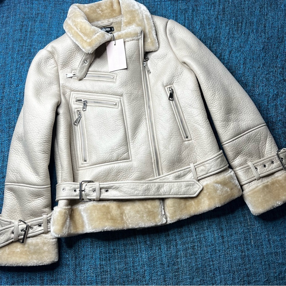 Missguided Premium Zip Detail Aviator Jacket in Stone Women's Size 2 NWT